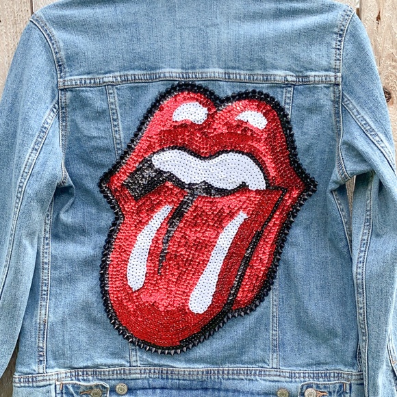Red Sequin Rock and Roll Rolling Stones Tongue with Black Spikes Jean Jacket - Picture 1 of 4